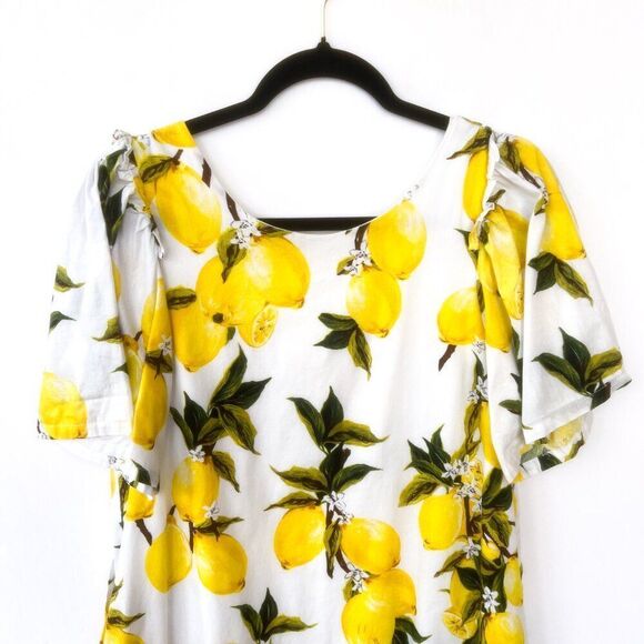 Loveriche Yellow Lemon Print Short Sleeve White Cotton Dress Large - Picture 2 of 9